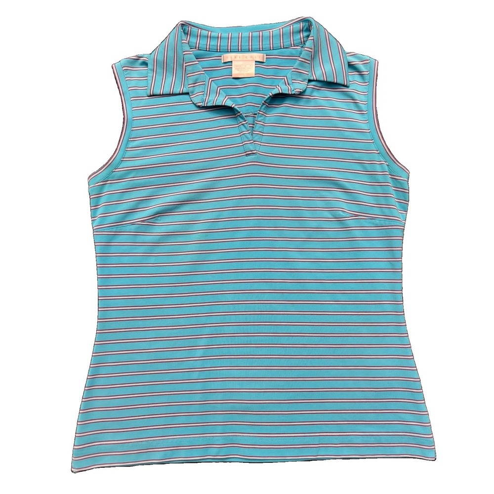 Nike Golf Womens Sleeveless Polo Shirt Medium Teal Turquoise Pink Striped